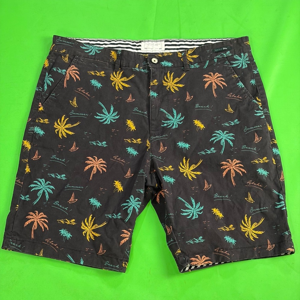 Cactus Man Ricky Singh Neon Palm Tree AOP Mens 38 Chino Shorts Black Stretch EUC